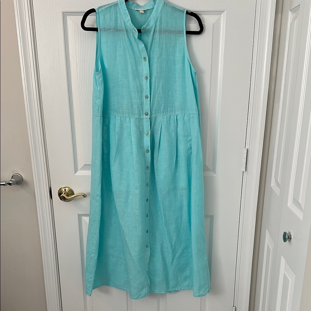 Aqua/Turquoise Linen Sleeveless Midi Sundress Size Small by Eileen Fisher